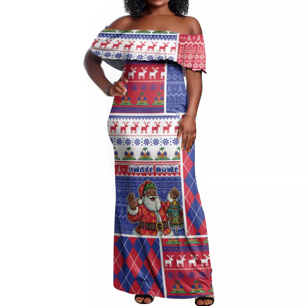 Haiti Christmas Off Shoulder Maxi Dress Santa With Fanal Haitian Patchwork Style - African Pride
