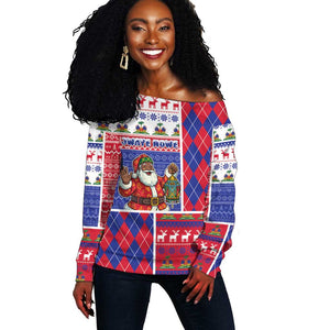 Haiti Christmas Off Shoulder Sweater Santa With Fanal Haitian Patchwork Style - African Pride