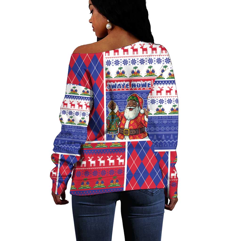 Haiti Christmas Off Shoulder Sweater Santa With Fanal Haitian Patchwork Style - African Pride