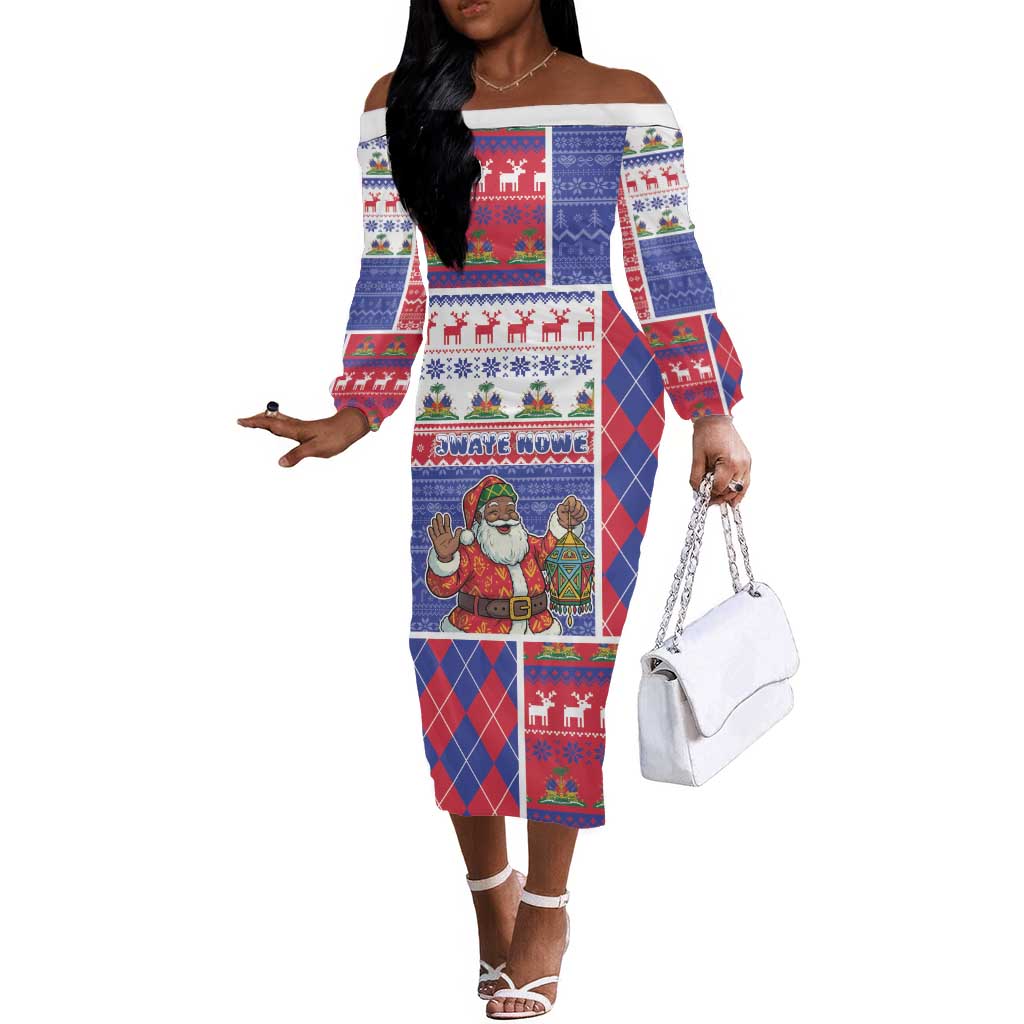 Haiti Christmas Off The Shoulder Long Sleeve Dress Santa With Fanal Haitian Patchwork Style - African Pride