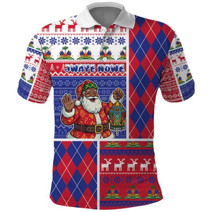 Haiti Christmas Polo Shirt Santa With Fanal Haitian Patchwork Style - African Pride