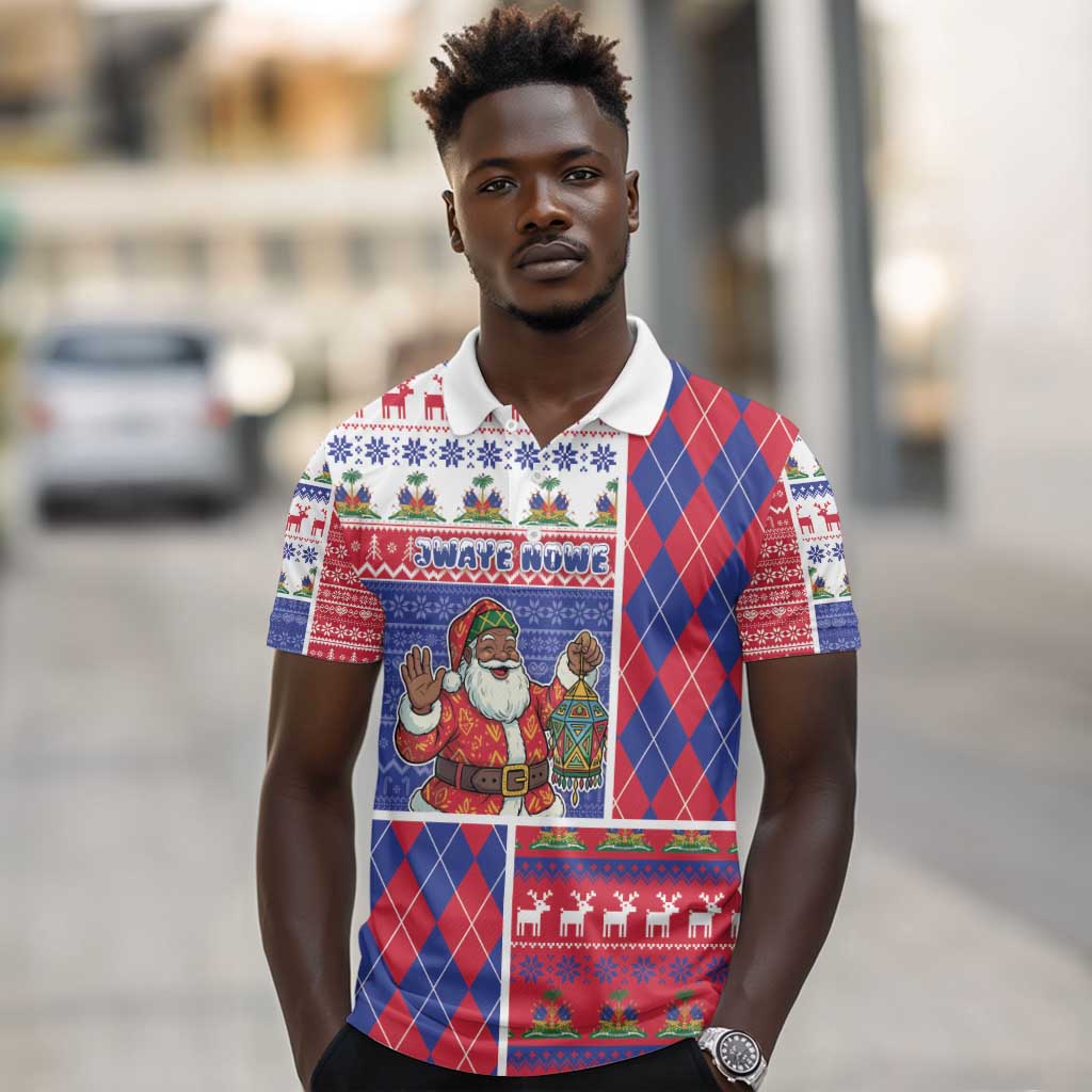 Haiti Christmas Polo Shirt Santa With Fanal Haitian Patchwork Style - African Pride