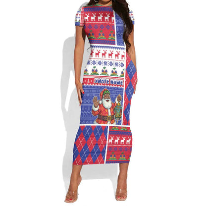 Haiti Christmas Short Sleeve Bodycon Dress Santa With Fanal Haitian Patchwork Style - African Pride