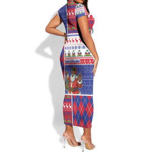 Haiti Christmas Short Sleeve Bodycon Dress Santa With Fanal Haitian Patchwork Style - African Pride