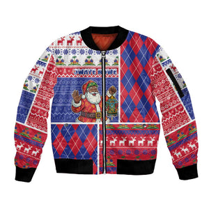 Haiti Christmas Sleeve Zip Bomber Jacket Santa With Fanal Haitian Patchwork Style - African Pride