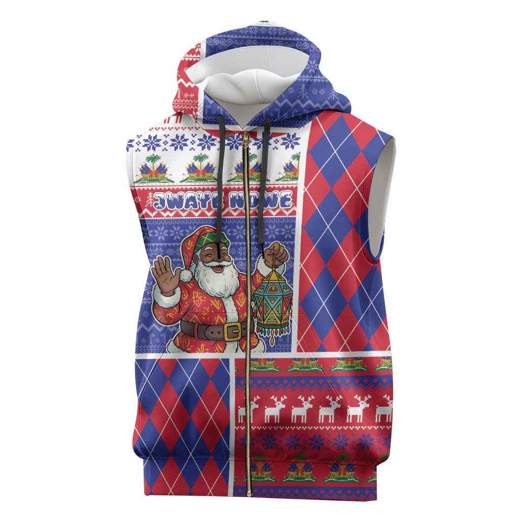 Haiti Christmas Sleeveless Zip Hoodie Santa With Fanal Haitian Patchwork Style - African Pride