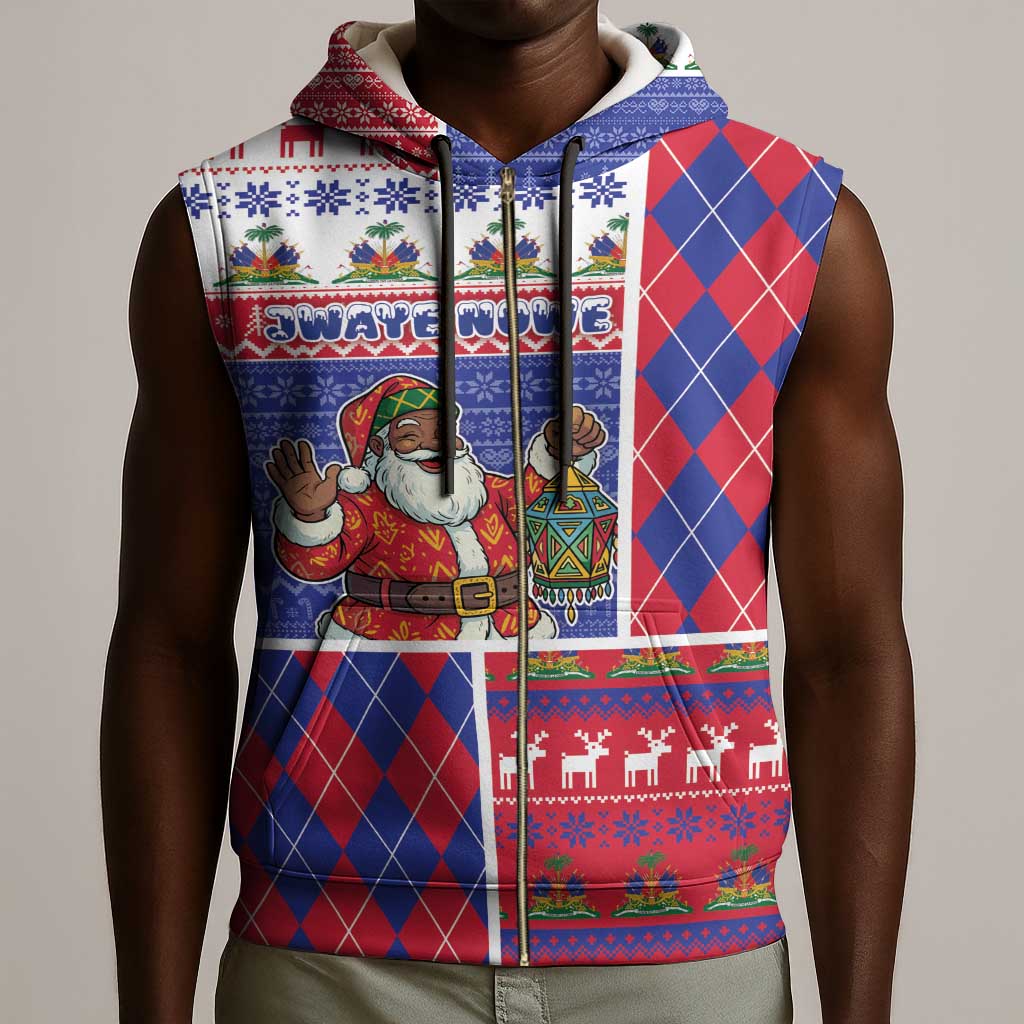 Haiti Christmas Sleeveless Zip Hoodie Santa With Fanal Haitian Patchwork Style - African Pride
