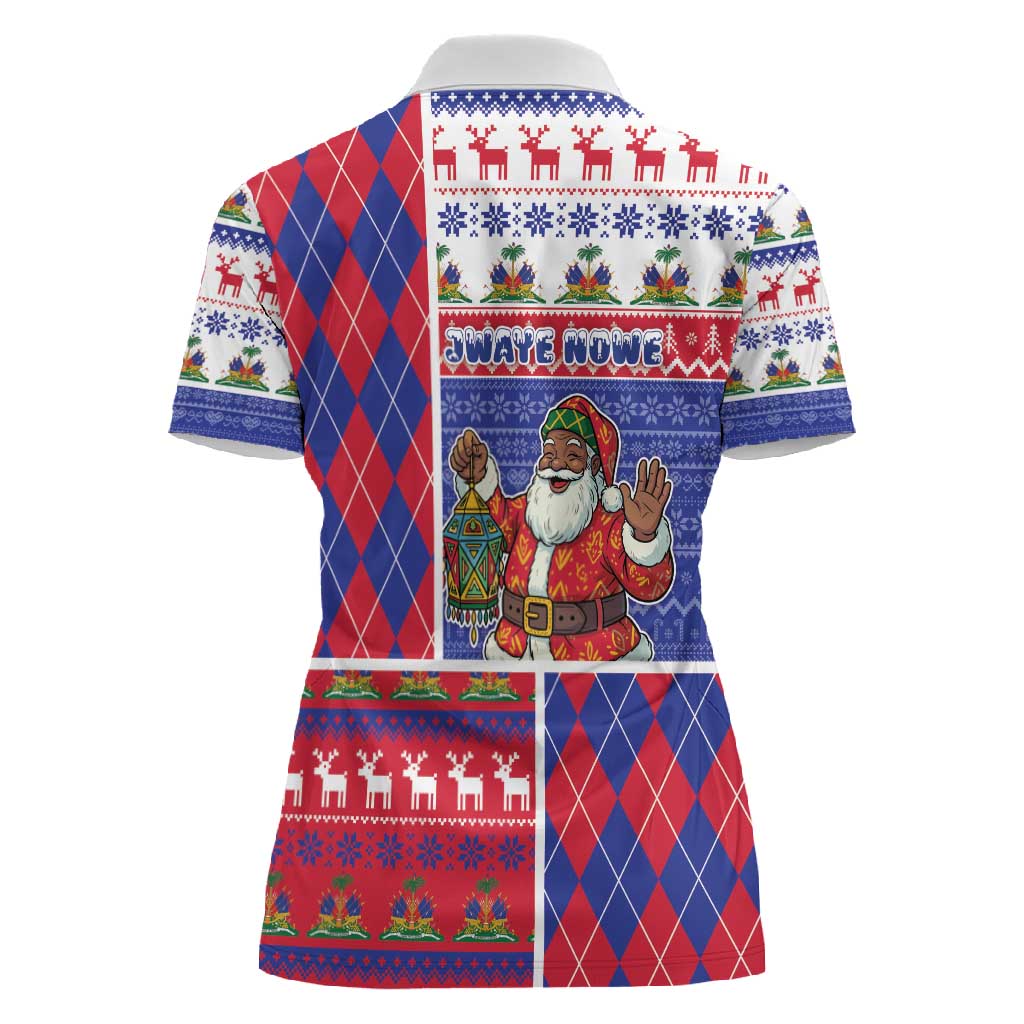 Haiti Christmas Women Polo Shirt Santa With Fanal Haitian Patchwork Style - African Pride