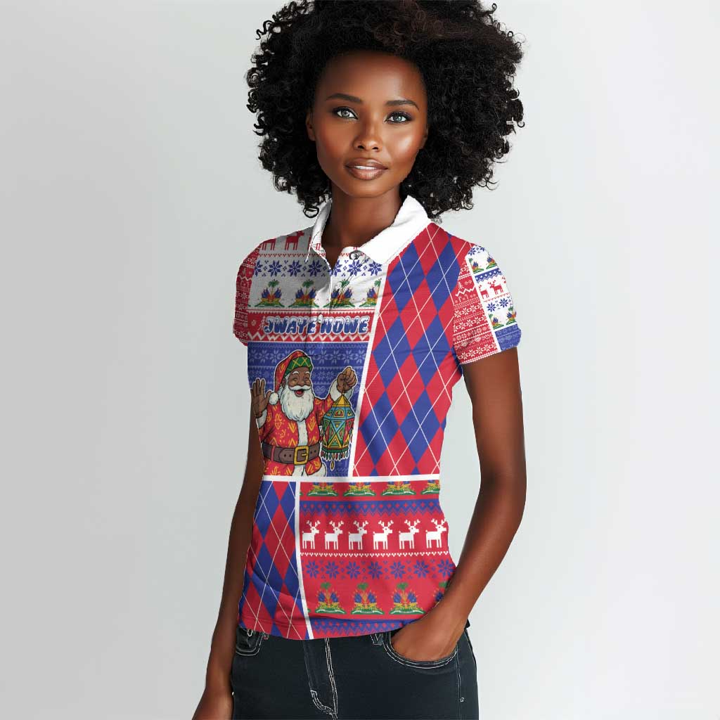 Haiti Christmas Women Polo Shirt Santa With Fanal Haitian Patchwork Style - African Pride