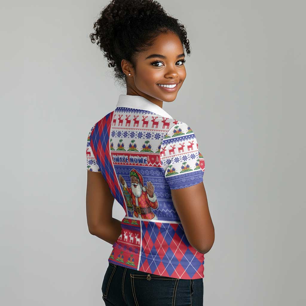 Haiti Christmas Women Polo Shirt Santa With Fanal Haitian Patchwork Style - African Pride