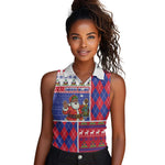 Haiti Christmas Women Sleeveless Polo Shirt Santa With Fanal Haitian Patchwork Style - African Pride