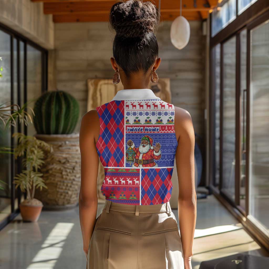 Haiti Christmas Women Sleeveless Polo Shirt Santa With Fanal Haitian Patchwork Style - African Pride