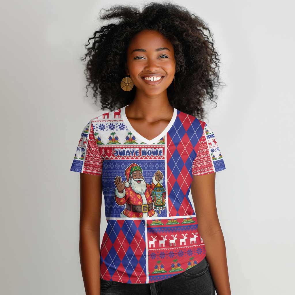 Haiti Christmas Women V-Neck T-Shirt Santa With Fanal Haitian Patchwork Style - African Pride