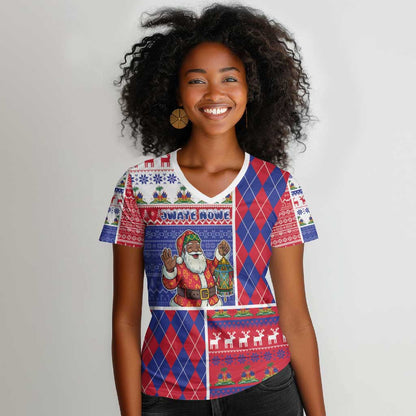 Haiti Christmas Women V-Neck T-Shirt Santa With Fanal Haitian Patchwork Style - African Pride