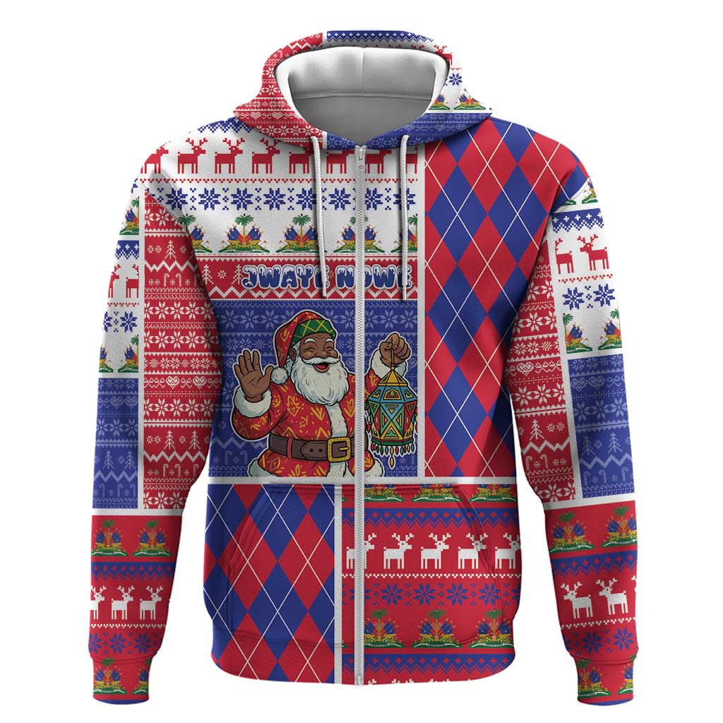 Haiti Christmas Zip Hoodie Santa With Fanal Haitian Patchwork Style - African Pride