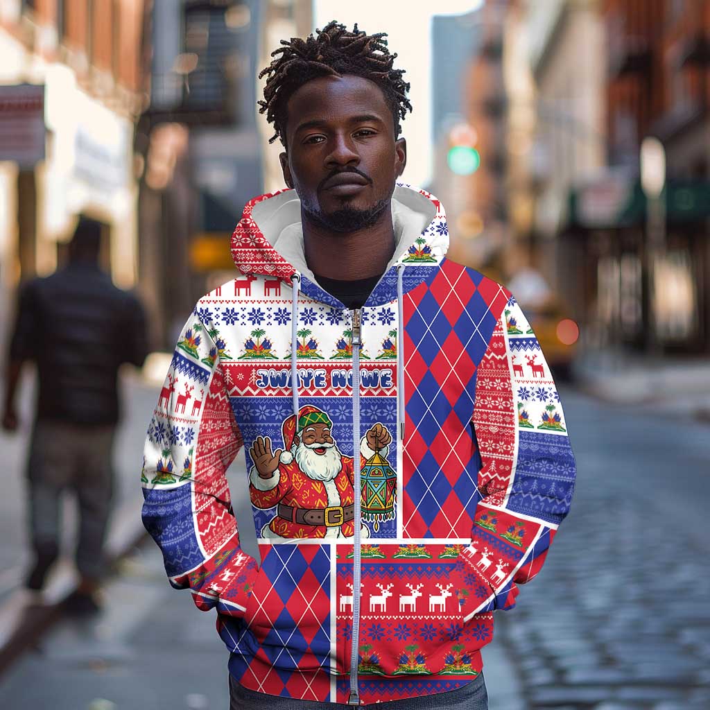 Haiti Christmas Zip Hoodie Santa With Fanal Haitian Patchwork Style - African Pride