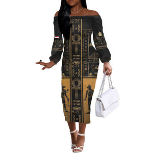 Personalized Egypt Off The Shoulder Long Sleeve Dress Ancient Ankh Luxury - African Pride