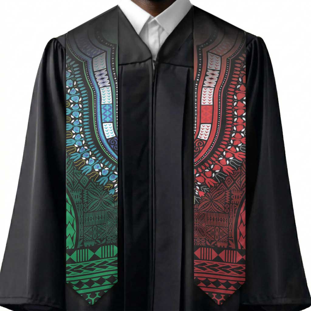 Green-red Dashiki and Tapa Pattern Graduation Stole Africa-Polynesia Together Culture
