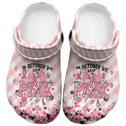 In October We Wear Pink Clogs Shoes Pink Pretty Bow Pastel Gingham - African Pride