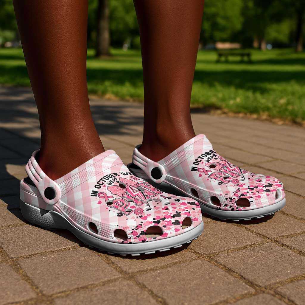 In October We Wear Pink Clogs Shoes Pink Pretty Bow Pastel Gingham - African Pride