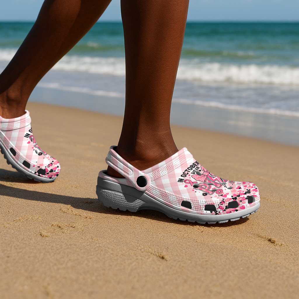 In October We Wear Pink Clogs Shoes Pink Pretty Bow Pastel Gingham - African Pride