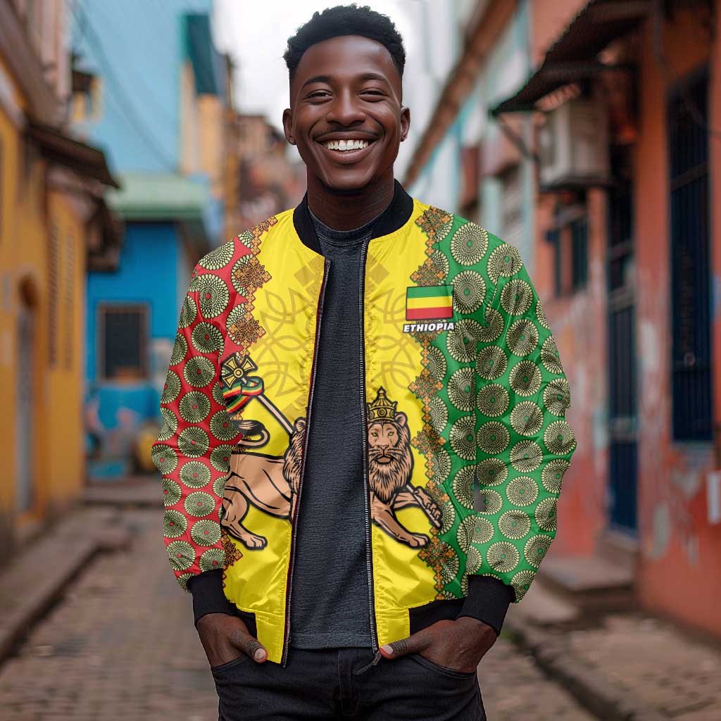 Personalized Ethiopia Bomber Jacket with Lion of Judah and African Pattern Design