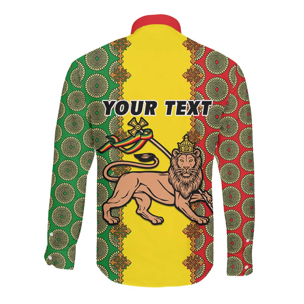 Personalized Ethiopia Long Sleeve Button Shirt with Lion of Judah and African Pattern Design