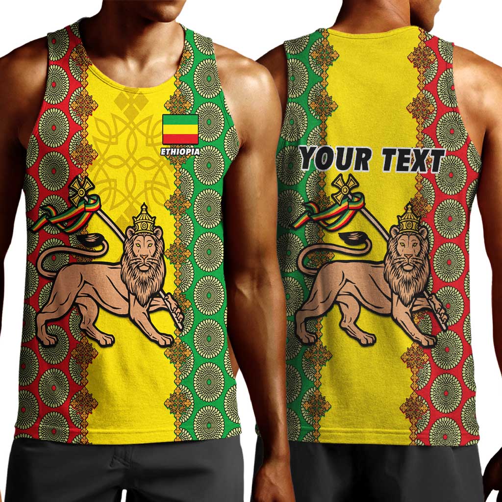 Personalized Ethiopia Men Tank Top with Lion of Judah and African Pattern Design