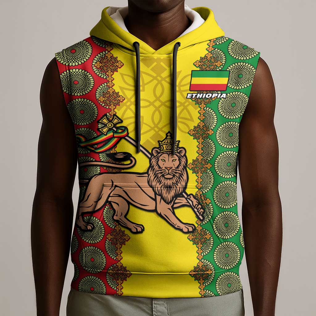 Personalized Ethiopia Sleeveless Hoodie with Lion of Judah and African Pattern Design - African Pride