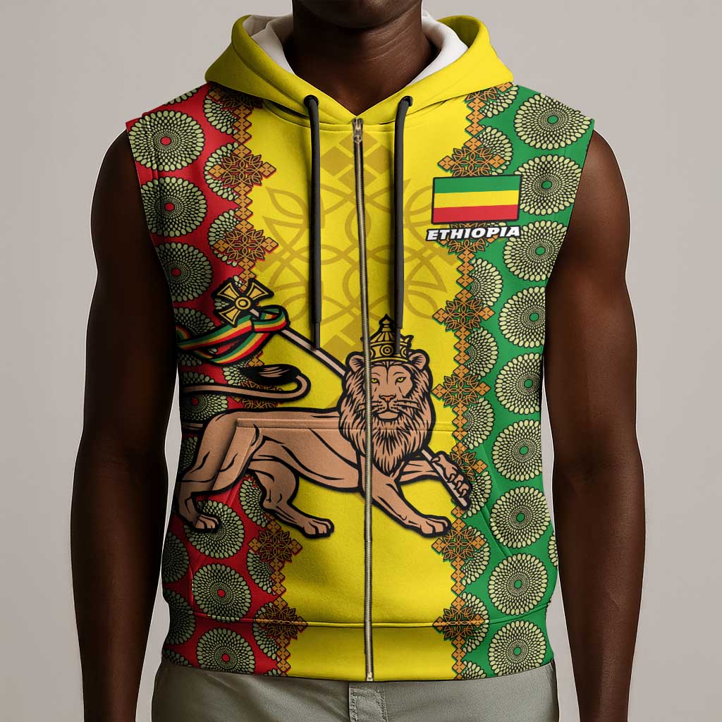 Personalized Ethiopia Sleeveless Zip Hoodie with Lion of Judah and African Pattern Design - African Pride