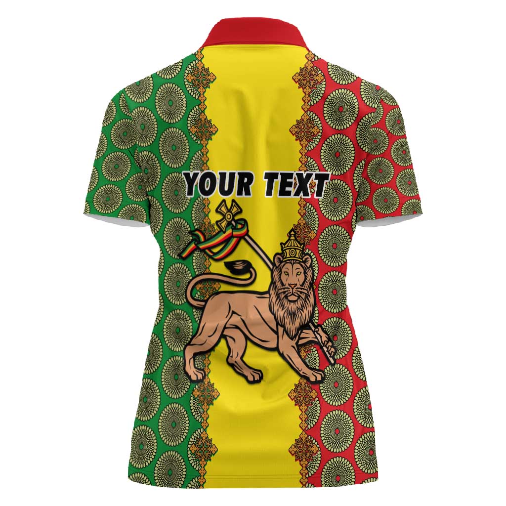 Personalized Ethiopia Women Polo Shirt with Lion of Judah and African Pattern Design