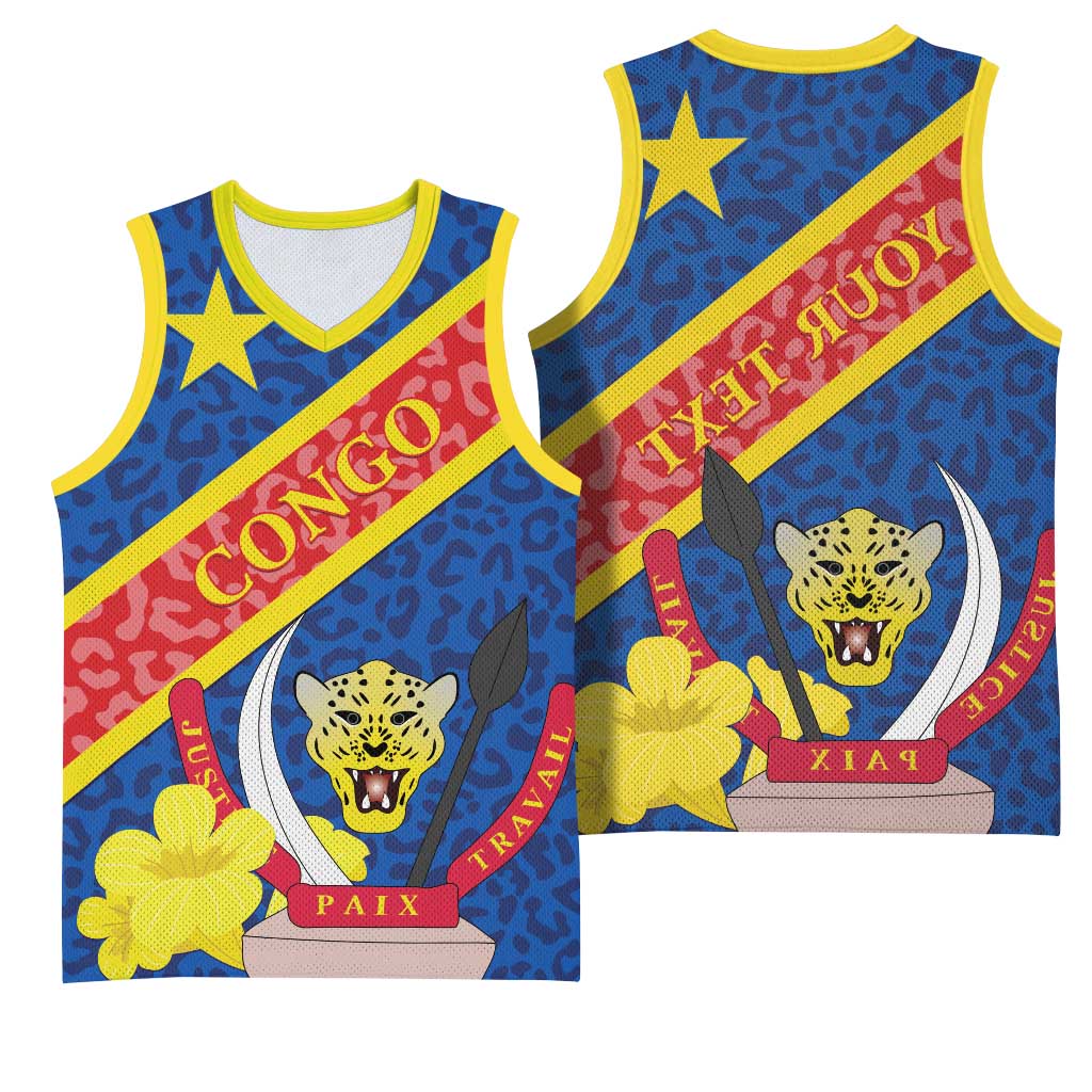 Congo DR Basketball Jersey Coat Of Arms Leopard Pattern - African Pride