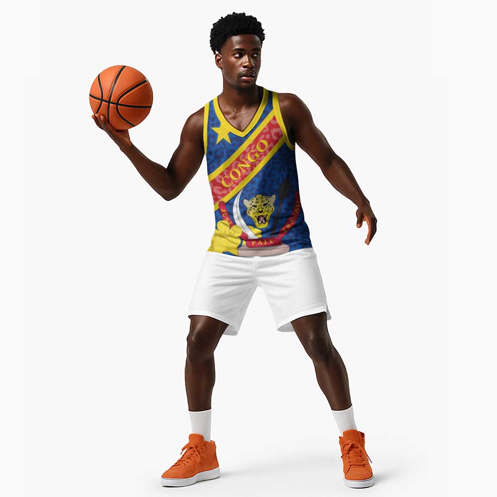 Congo DR Basketball Jersey Coat Of Arms Leopard Pattern - African Pride