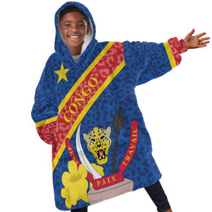 Congo DR KId Wearable Blanket Hoodie Coat Of Arms Leopard Pattern