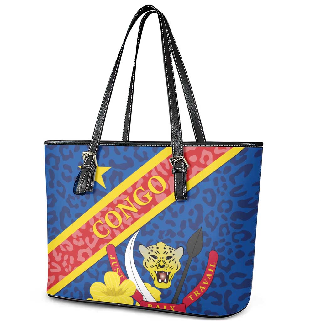 Congo DR Leather Tote Bag Coat Of Arms Leopard Pattern