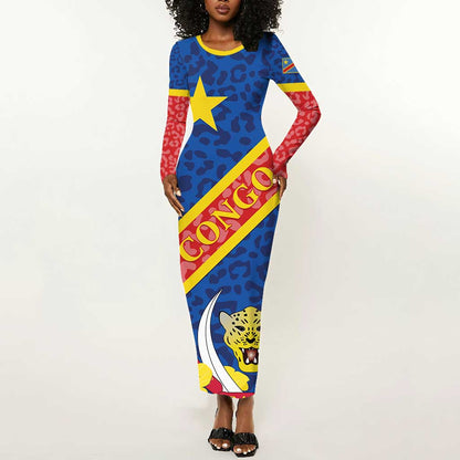 Congo DR Long Sleeve Bodycon Dress Coat Of Arms Leopard Pattern LT01