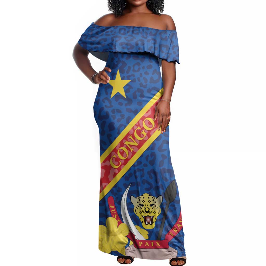 Congo DR Off Shoulder Maxi Dress Coat Of Arms Leopard Pattern