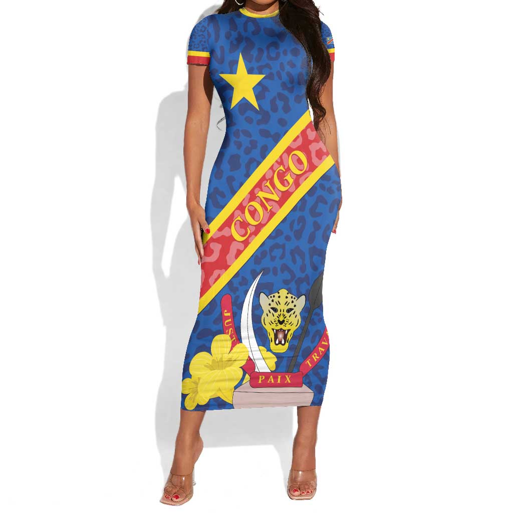 Congo DR Short Sleeve Bodycon Dress Coat Of Arms Leopard Pattern LT01