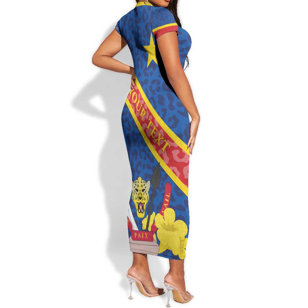 Congo DR Short Sleeve Bodycon Dress Coat Of Arms Leopard Pattern LT01