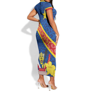 Congo DR Short Sleeve Bodycon Dress Coat Of Arms Leopard Pattern LT01