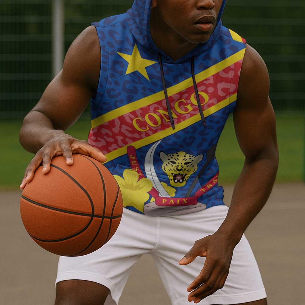 Congo DR Sleeveless Hoodie Coat Of Arms Leopard Pattern - African Pride