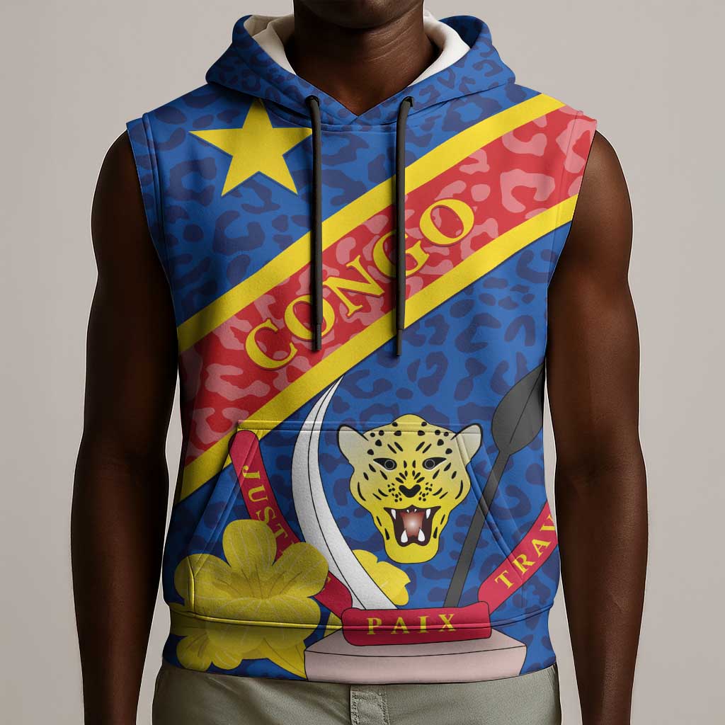 Congo DR Sleeveless Hoodie Coat Of Arms Leopard Pattern - African Pride
