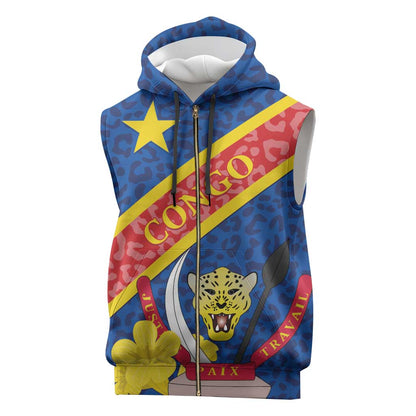 Congo DR Sleeveless Zip Hoodie Coat Of Arms Leopard Pattern - African Pride