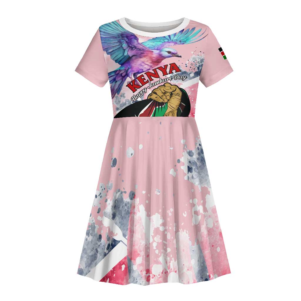 Personalized Kenya Independence Day Kid Short Sleeve Dress with Lilac Breasted Roller - Unique Version