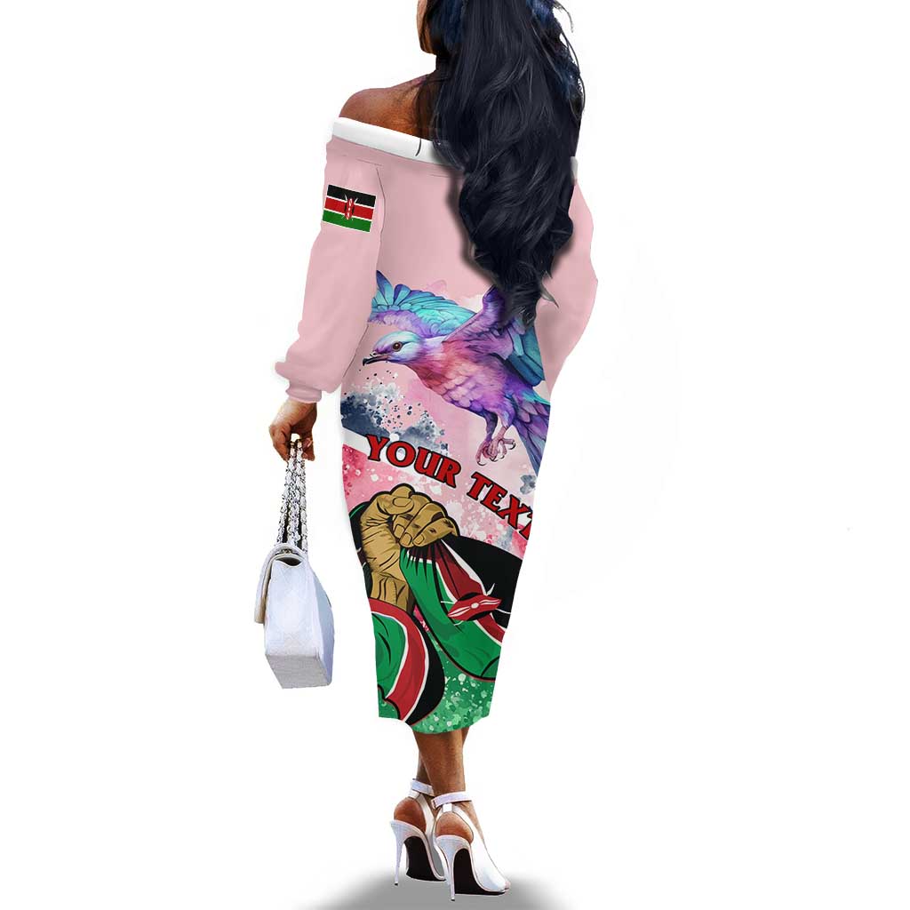 Personalized Kenya Independence Day Off The Shoulder Long Sleeve Dress with Lilac Breasted Roller - Unique Version