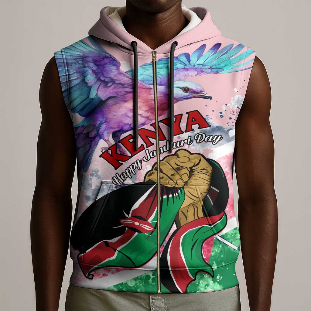 Personalized Kenya Independence Day Sleeveless Zip Hoodie with Lilac Breasted Roller - Unique Version - African Pride