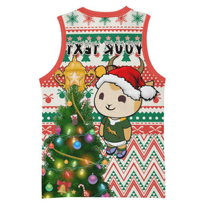 Personalized South Africa Rugby Christmas Basketball Jersey with Cute Springbok and Christmas Tree - African Pride