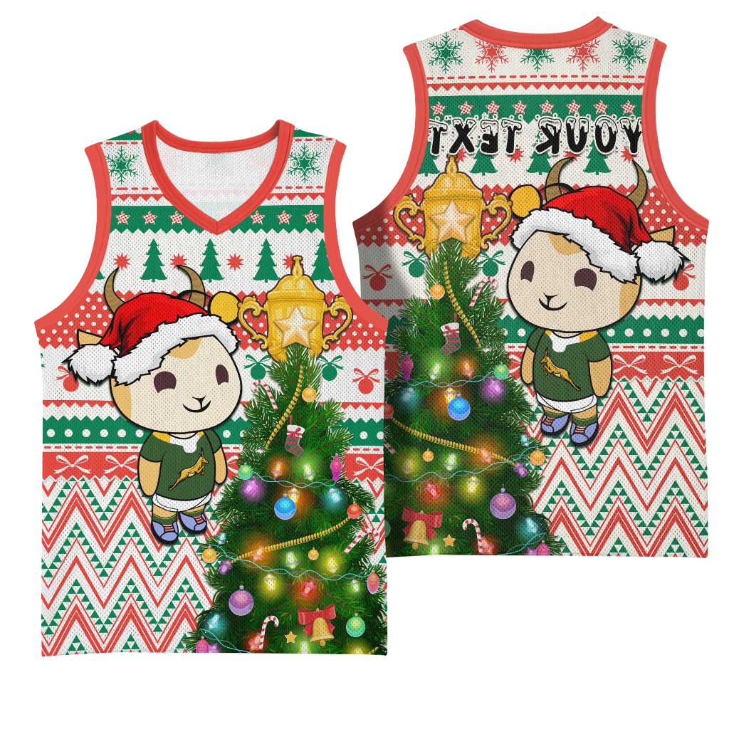 Personalized South Africa Rugby Christmas Basketball Jersey with Cute Springbok and Christmas Tree - African Pride