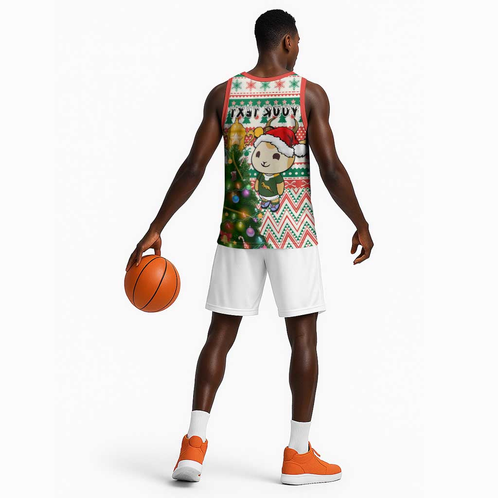 Personalized South Africa Rugby Christmas Basketball Jersey with Cute Springbok and Christmas Tree - African Pride