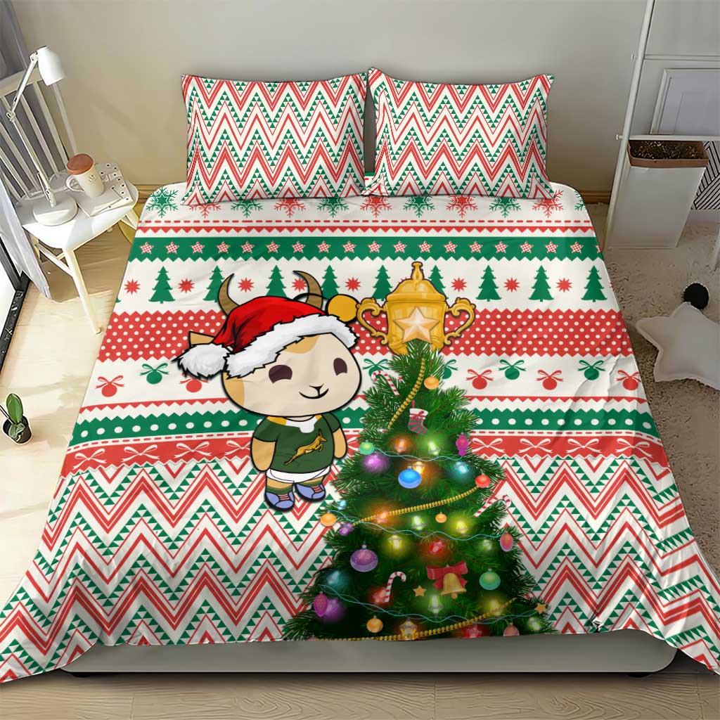 South Africa Rugby Christmas Bedding Set with Cute Springbok and Christmas Tree